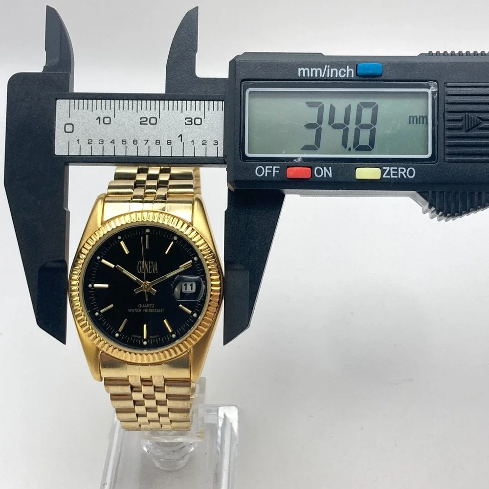 Geneva Men's Dress Watch 35mm Gold Tone Black Dial Date Bubble New Battery 7.75